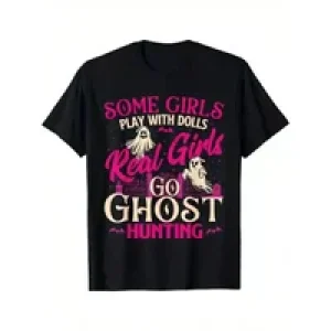 Men’s Cotton Hunter T-Shirt – Soft Black Cotton Tee with “Real Girls Go Hunting” Graphic & Cartoon Ghosts –