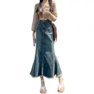 Retro Denim High-waisted Half Body Fishtail Skirts.Women’s Summer Street Trend Casual Half Body Hip Wrap Long Skirt with Fringed