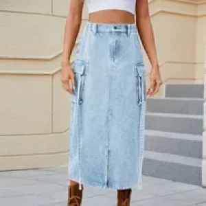 Washed Elastic Waist Cargo Half Body Skirt, A New and Fashionable Ribbon Design A Slit Long Skirt for Women in Spring and Summer