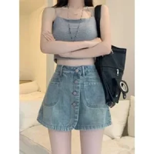Chic and Elegant Blue Woman Pants Denim Skirt Stylish Korean Fashion Y2k Vintage High Quality Summer 2025 Jeans Skirts for Women