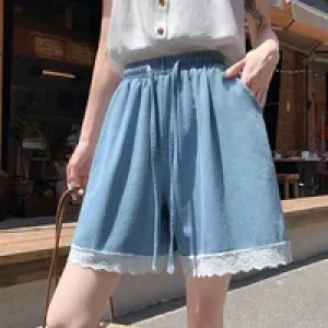 Korean Denim Oversized Shorts Women Summer Fashion Lace Casual High Waist Plus Size Jeans Pocket Lace Y2K Hot Pants Streetwear