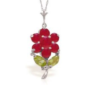 Ruby & Peridot Marina Flower Pendant Necklace in 9ct White Gold