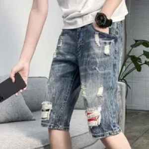 Half Ripped Baggy Loose Straight Male Denim Shorts Bermuda Wide Long Men’s Short Jeans Pants with Pockets Y2k Fashion Popular Xl