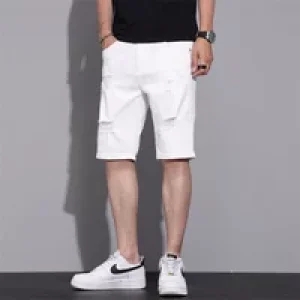 New Summer Men Casual White Denim Shorts White Fashion Ripped Straight Pants Stretch Slimsoft Male Knee Length Hole Short Jeans