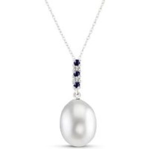 Pearl, Sapphire & Diamond Chelsea Embellished Drop Pendant Necklace in 9ct White Gold