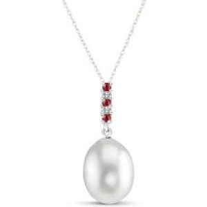 Pearl, Ruby & Diamond Chelsea Embellished Drop Pendant Necklace in 9ct White Gold
