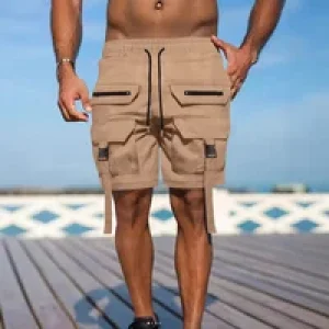 Summer New Fashion Men’s Drawstring Multi-pocket Solid Color Knee Length Shorts Casual Trendy Street Shorts Male Streetwear