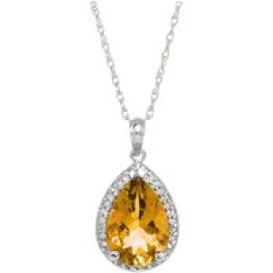 Citrine & Diamond Cerise Prominent Halo Pendant Necklace in 9ct White Gold