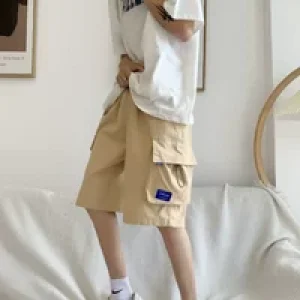 Short Pants for Men with Pockets Khaki Long Elastic Waist Solid Bermuda Mens Cargo Shorts Wide Baggy Half Loose Draw String Y2k