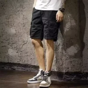 Elastic Waist Long Wide Solid Baggy Multi Pocket Loose Half with Draw String Male Short Pants Bermuda Men’s Cargo Shorts Popular