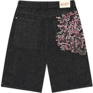 Fashion Retro Cherry Blossom Pattern Embroidery Black Denim Shorts Gothic Hip Hop Men Women Versatile Casual Streetwear Summer