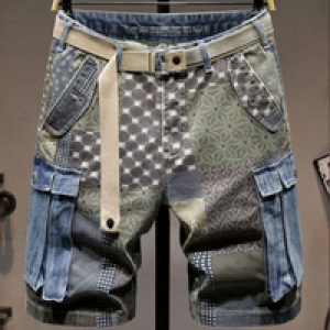 Graphic Man Denim Shorts Multi Color Short Jeans Pants for Men Cargo Bermuda with Text Stretch Jorts Thin Blue Korean Fashion Xl