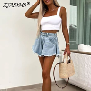 Trendy 2025 Solid Tassel A-Line Denim Shorts Woman Casual Button High Waist Jean Shorts New Spring Summer Pocket Wide Leg Shorts
