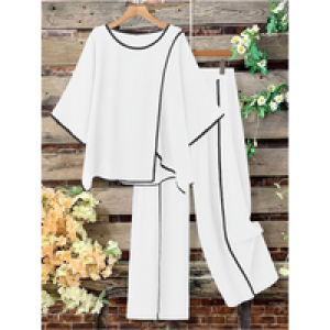 Women’s Casual Fashionable Solid Color 2-piece Set Loose Open Split Half Sleeve Top Slim Wide Pants Long Pants Two Piece Outfit