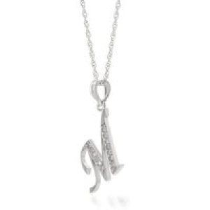 Letter M Diamond Classic Initial Pendant Necklace in 9ct White Gold