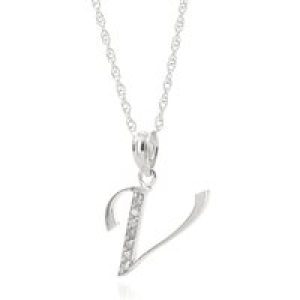 Letter V Diamond Classic Initial Pendant Necklace in 9ct White Gold
