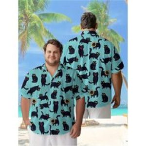 Men’s Plus Size Hawaiian Shirts Black Cat Pattern, Summer Casual Tops, Outdoor and Party, Streetwear
