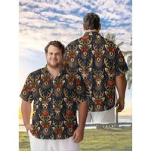 Men’s Plus Size Hawaiian Shirts Christmas Theme Antler Glasses pattern,Premium Comfort Youth Clothes,Streetwear Y2K Tops