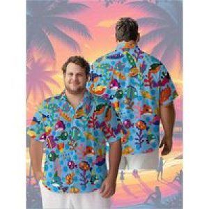Men’s Plus Size Hawaiian Shirts Tropical Ocean Fish pattern,Unisex Baggy Aloha Shirts,summer Alternative Clothing