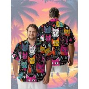 Men’s Plus Size Hawaiian Shirts Cat Theme, Hearts and Stars pattern,Unisex Baggy Aloha Shirts,summer Alternative Clothing