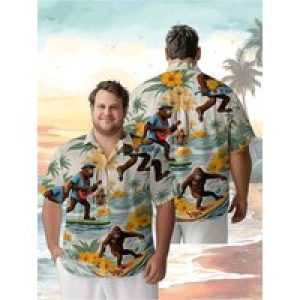 Men’s Plus Size Hawaiian Shirts Monkey Surfing Music Festival pattern,Unisex Baggy Aloha Shirts,summer Alternative Clothing