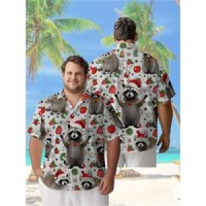 Men’s Plus Size Hawaiian Shirts Cute Raccoon Christmas Pattern, Button Up Shirts, Unisex Casual Clothing, Summer Tops