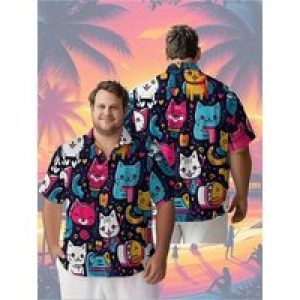 Men’s Plus Size Hawaiian Shirts Cute Cat Theme pattern,Unisex Baggy Aloha Shirts,summer Alternative Clothing