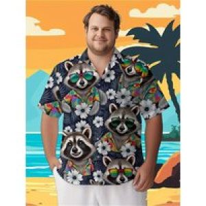 Men’s Plus Size Hawaiian Shirts Raccoon and Tropical Plants pattern, Button Up Shirts, Unisex Casual Clothing, Summer Tops