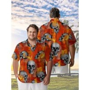 Men’s Plus Size Hawaiian Shirts Flames and Skulls Pattern, Summer Casual Tops, Suitable for Outdoor and Party, Streetwear