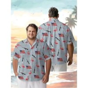 Men’s Plus Size Hawaiian Shirts American Flag and Pink Flamingo Pattern,Unisex Baggy Aloha Shirts,Alternative Clothing