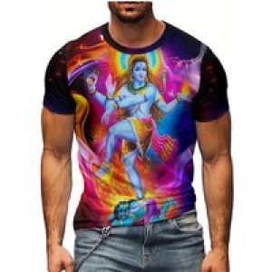 Men’S Vibrant Hindu Deity Graphic T-Shirt – Soft Polyester, Short Sleeve, Round Neck, Casual & Comfortable Fit