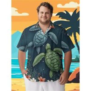 Men’s Plus Size Hawaiian Shirts Tropical Turtles and Flowers pattern, Button Up Shirts, Unisex Casual Clothing, Summer Tops