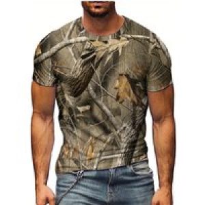 Vintage Camo Leaf Print Y2K Men’S T-Shirt – Geometric Abstract Design, Crew Neck, Short Sleeve, High-Quality Fabric