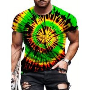 Men’s Plus Size Tie-Dye T-Shirt – Vibrant 3D Geometric Pattern, Casual Crew Neck, Soft & Breathable Polyester,