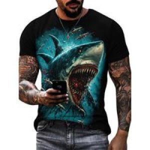 Men’s 3D Shark Print T-Shirt – Black Gradient Design with Blood Splatter, Loose Fit, Breathable Fabric, Fun Cartoon Pattern