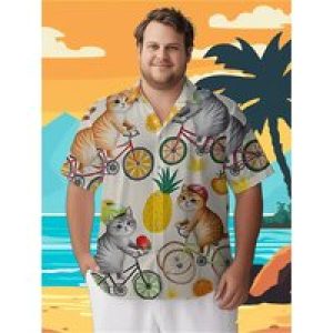 Men’s Plus Size Hawaiian Shirts Cat Riding Fruit Paradise pattern, Button Up Shirts, Unisex Casual Clothing, Summer Tops