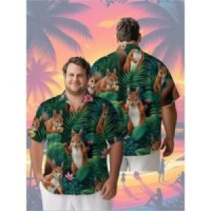 Men’s Plus Size Hawaiian Shirts Tropical Forest Squirrels Pattern,Premium Comfort Youth Clothes,Streetwear Tops