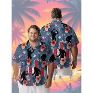 Men’s Plus Size Hawaiian Shirts Sasquatch on The Background of The American Flag pattern,Baggy Aloha Shirts,summer Clothes