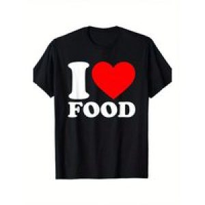 Men’s “I Love Food” Graphic T-Shirt – 100% Cotton, Casual Short Sleeve Crew Neck Tee with Bold Red Heart