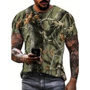 Men’S Camo 3D Geometric Abstract Print T-Shirt – Short Sleeve, Crew Neck, Stretchy Fabric, Perfect for Summer Outdoor Adventures