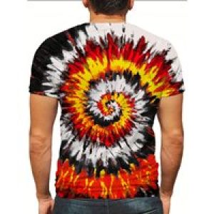 Men’S Vibrant Tie-Dye 3D Print T-Shirt – Red, Yellow & Black Swirl Pattern, Short Sleeve, Crew Neck, Lightweight Polyester