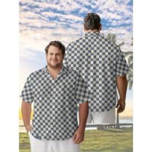 Men’s Plus Size Hawaiian Shirts Blue and White Checkered Three-dimensional Pattern,summer Fashion Tops,Hip Hop Rock Streetwear