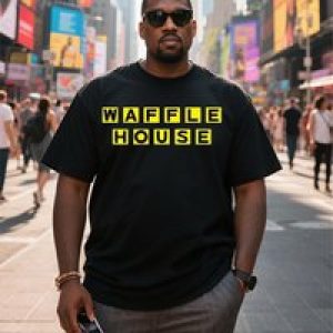 Plus Size Black Short Sleeve T-Shirt with Yellow ” Waffle House” Print on Front Suitable for Outdoor Leisure Wear in Summer