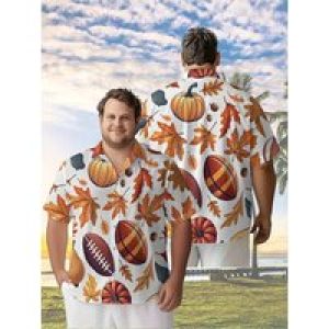 Men’s Plus Size Hawaiian ShirtsPumpkins, Footballs, Fallen Leaves and Autumn Leavespattern, Button ,casual Clothing, Summer Tops