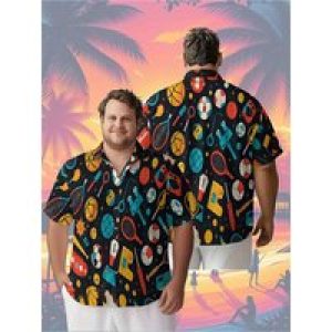 Men’s Plus Size Hawaiian Shirts Basketball, Tennis, Football and Other Sports Elements pattern,Baggy Aloha Shirt,summer Clothing