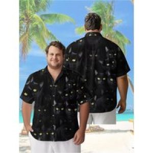 Men’s Plus Size Hawaiian Shirts Black Cat with Eyes Pattern, Summer Casual Tops, Outdoor and Party, Streetwear