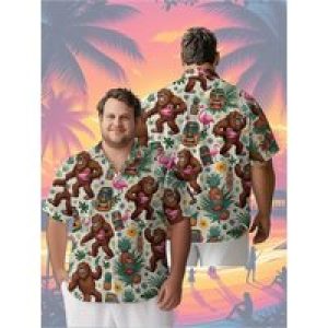 Men’s Plus Size Hawaiian Shirts Sasquatch and Flamingo pattern,Unisex Baggy Aloha Shirts,summer Alternative Clothing