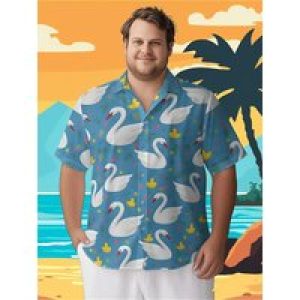 Men’s Plus Size Hawaiian ShirtsDucks and White Swanspattern, Button Up Shirts, Unisex Casual Clothing, Summer Tops