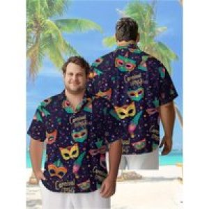 Men’s Plus Size Hawaiian Shirts Carnival Mask Pattern, Button Up Shirts, Unisex Casual Clothing, Summer Tops
