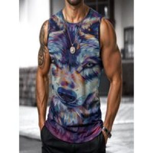 Summer Men Wolf Fashion Vest Street Round Neck Sleeveless Printed Animal T Shirt Athletic Top For Outdoor Sports Fitness Running